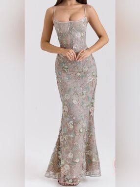 NWOT House of CB Taupe Embroidered Floral Mermaid Gown